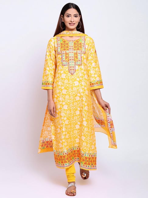 Biba Yellow Cotton Printed Kurta Churidar Set With Dupatta