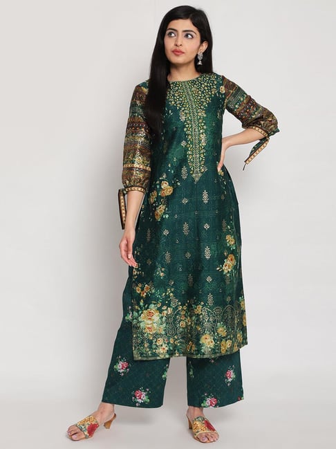 Biba Green Cotton Printed Straight Kurta