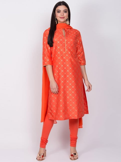 Biba Orange Printed Kurta Churidar Set With Dupatta