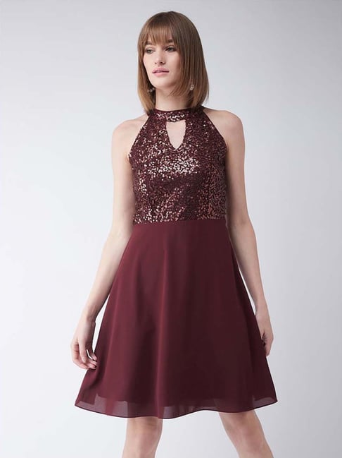 Miss Chase Maroon Embellished A-Line Dress Price in India