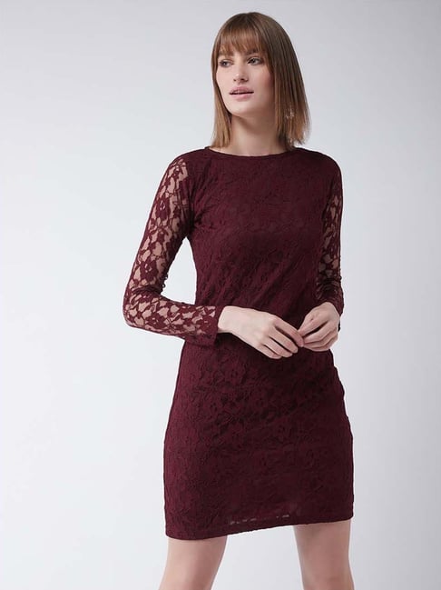 Miss Chase Maroon Lace Work A-Line Dress Price in India