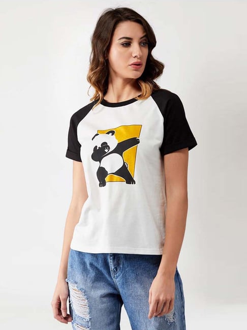 Miss Chase White & Black Cotton Printed T-Shirt-picture-17