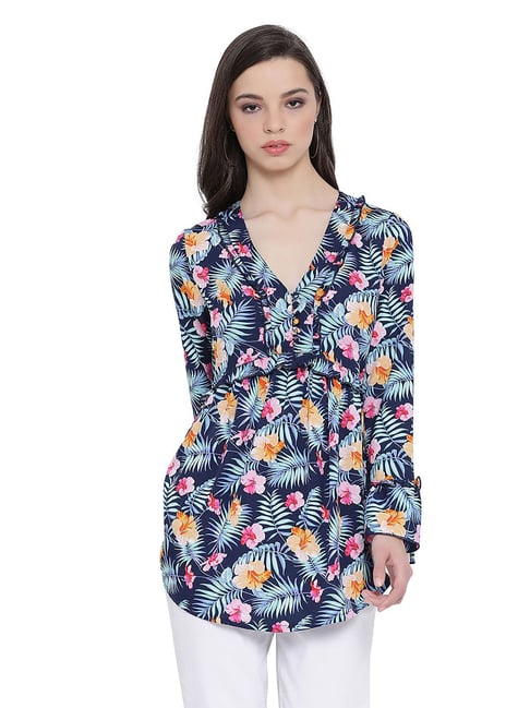 Oxolloxo Navy Floral Print Cecilia Top Price in India
