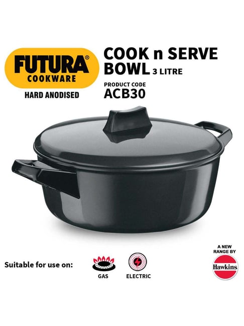 Hawkins Futura Hard Anodised Cook-n-Serve Bowl with Hard Anodised Lid (3 L, 23 cm)
