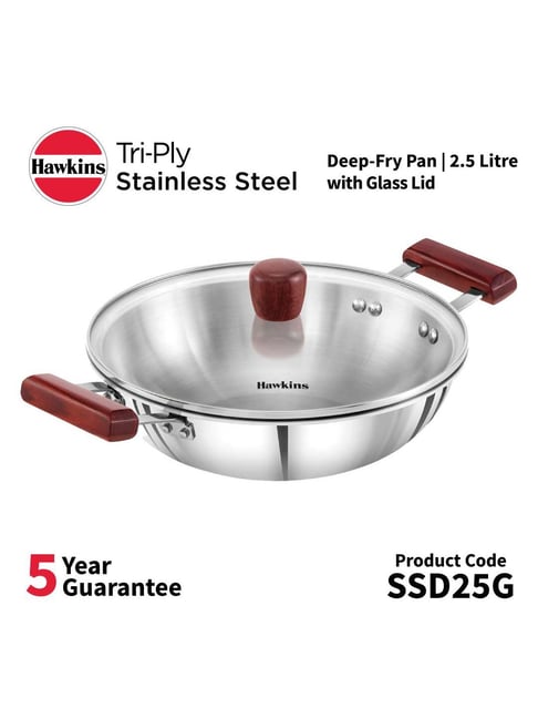 HAWKINS 5 Litre Deep Kadhai, Triply Stainless Steel Kadai with Glass L