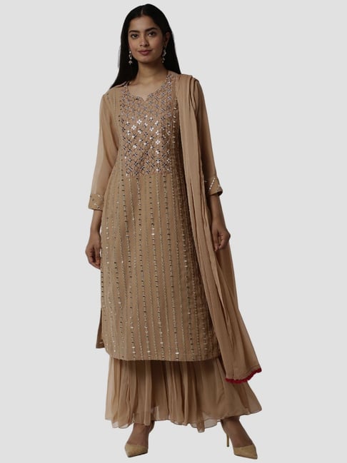 Soch Beige Embroidered Kurta Sharara Set With Dupatta