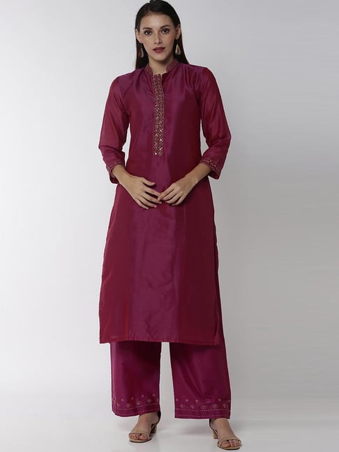 Soch Pink Cotton Embroidered Kurta Palazzo Set