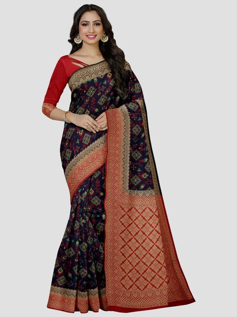 Mimosa Navy & Red Printed Saree With Unstitched Blouse