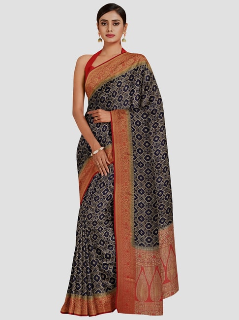 Mimosa Navy & Beige Printed Saree With Unstitched Blouse Price in India