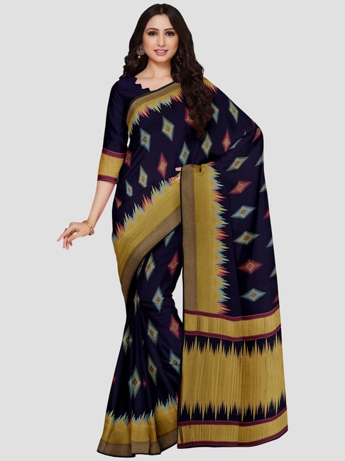 Mimosa Navy Printed Saree With Unstitched Blouse Price in India