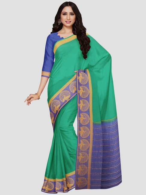 Mimosa Green & Blue Woven Saree With Unstitched Blouse Price in India