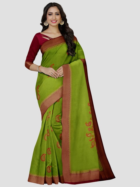 Mimosa Green & Maroon Paisley Saree With Unstitched Blouse Price in India