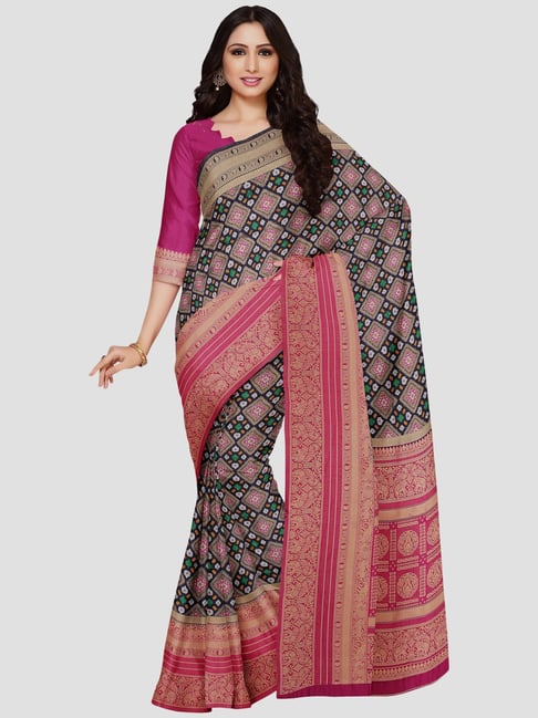 Mimosa Navy & Pink Printed Saree With Unstitched Blouse