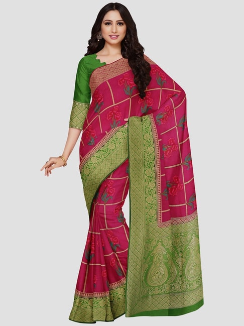 Mimosa Pink & Green Floral Saree With Unstitched Blouse Price in India