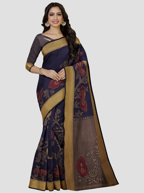 Mimosa Navy Floral Saree With Unstitched Blouse Price in India