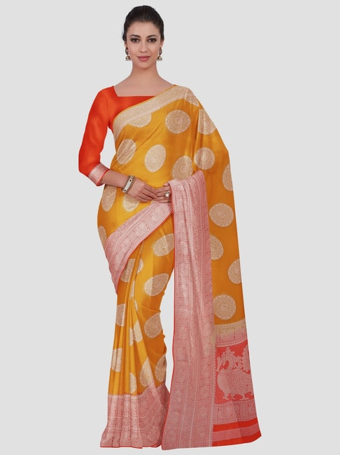 Mimosa Orange Woven Saree With Unstitched Blouse Price in India