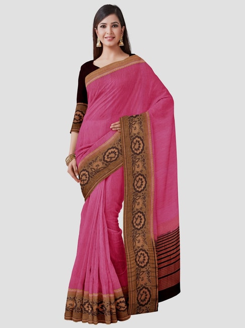Mimosa Pink Linen Floral Saree With Unstitched Blouse Price in India