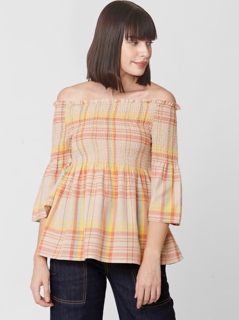 Vero Moda Beige Cotton Striped Top