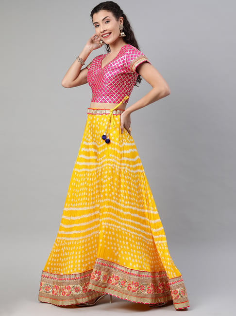 Buy Geroo Jaipur Yellow & Pink Bandhani Lehenga Set for Women's Online ...