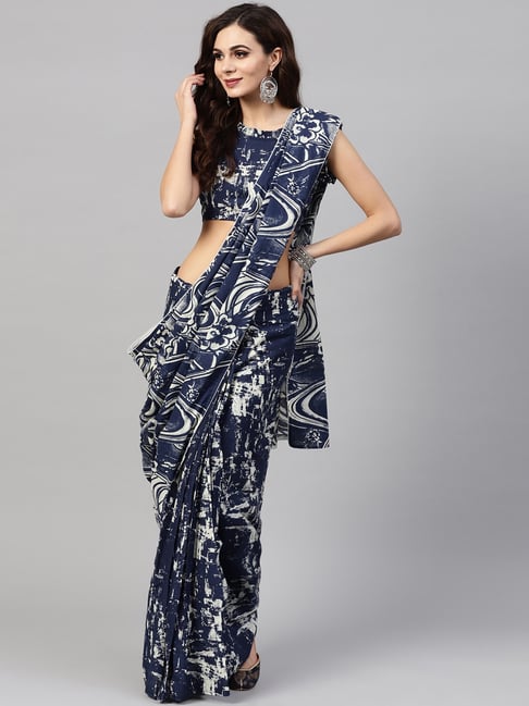 Aks Navy Cotton Printed Saree With Unstitched Blouse Price in India