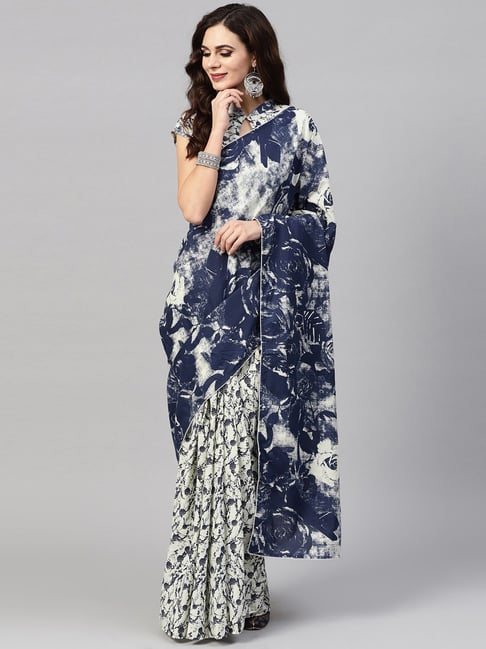 Aks Off-White Cotton Printed Saree With Unstitched Blouse Price in India