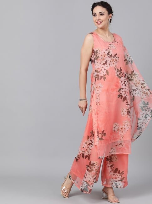 Aks Peach Floral Print Kurta Palazzo Set