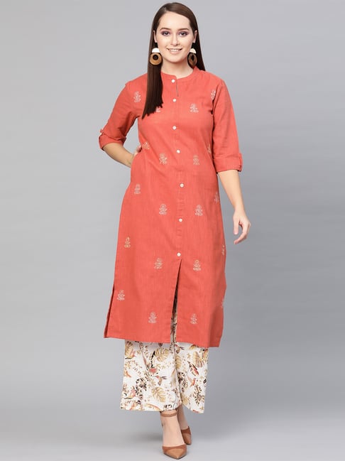 Aks Rust & Off-White Cotton Embroidered Kurta Pant Set