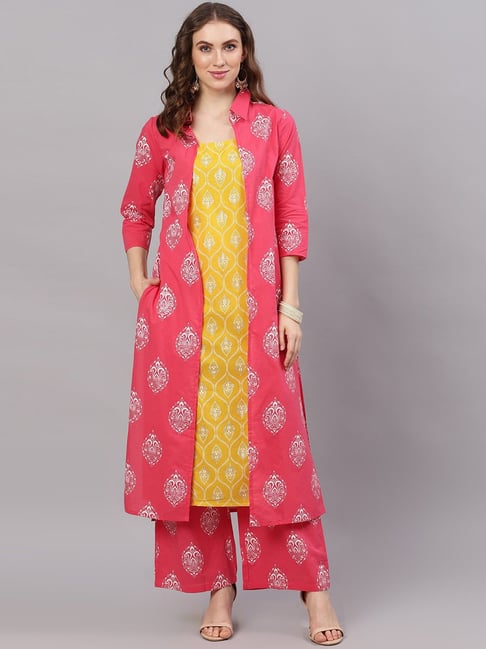 Buy Aks Yellow Pink Cotton Printed Kurta Pant Set for Women