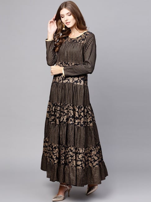 Aks Black Cotton Printed Anarkali Kurta