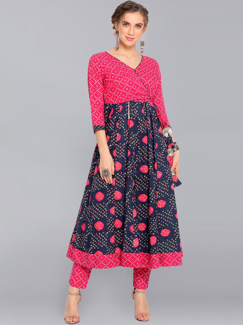 Aks Navy & Pink Cotton Printed Anarkali Kurta