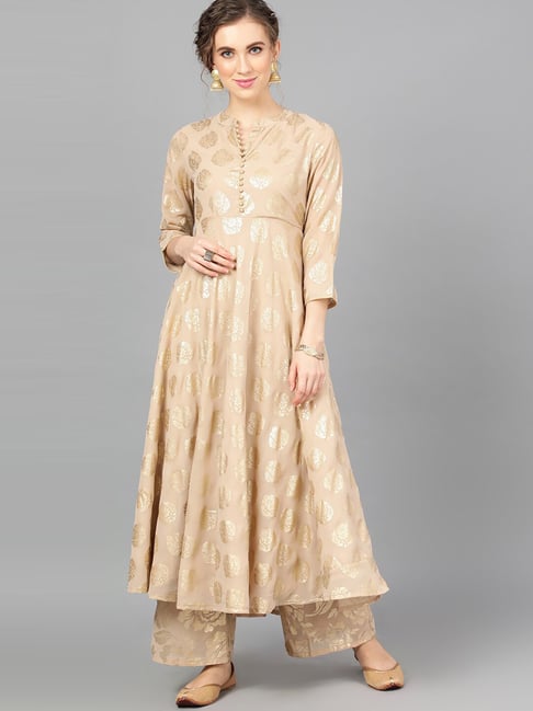 Aks Beige Printed A Line Kurta