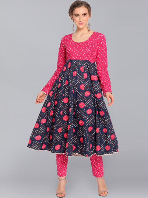 Aks Navy & Pink Cotton Printed Anarkali Kurta