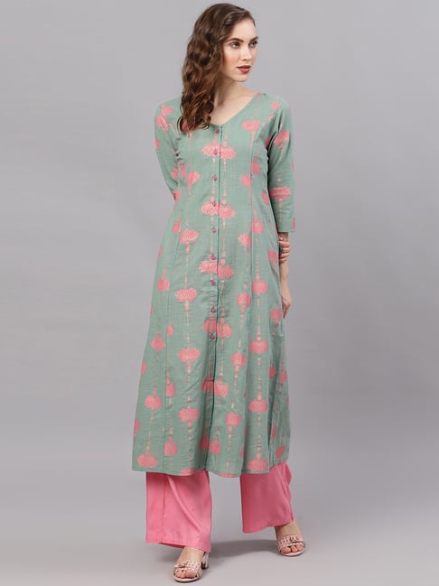 Aks Green Cotton Printed A Line Kurta