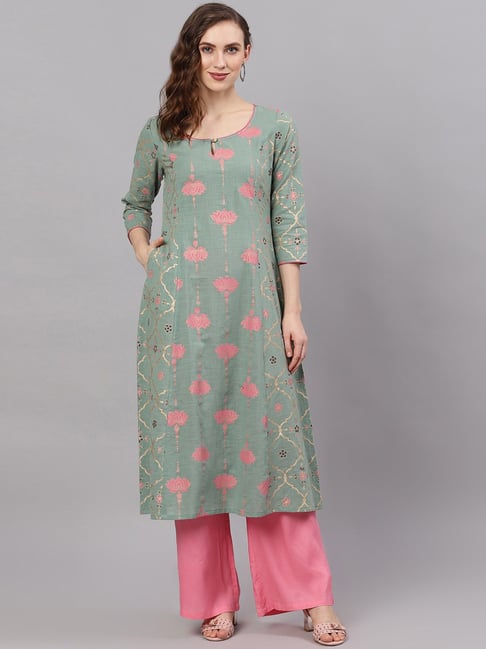 Aks Green Cotton Printed A Line Kurta