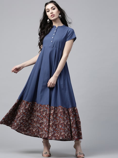 Aks Navy Cotton Printed Maxi Dress