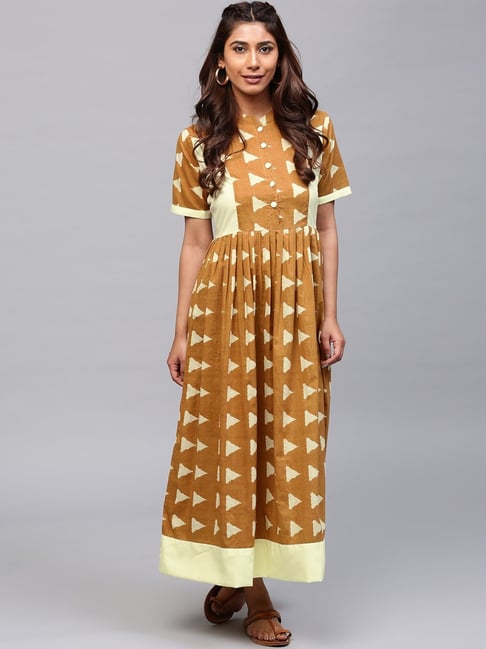 Aks Brown Cotton Printed Maxi Dress Price in India