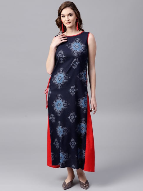Aks Navy Cotton Printed Maxi Dress Price in India