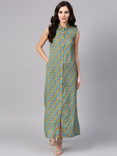 Aks Grey & Blue Printed Shirt Dress Price in India