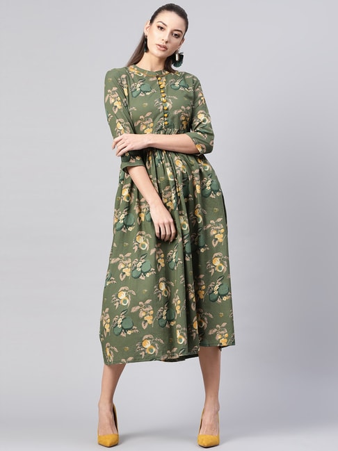 Aks Olive Green Cotton Printed A-Line Dress Price in India