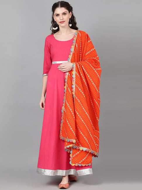 Aks Magenta Cotton Maxi Dress With Dupatta Price in India
