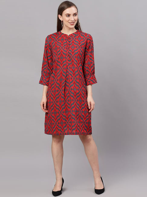 Aks Red Cotton Printed A-Line Dress Price in India