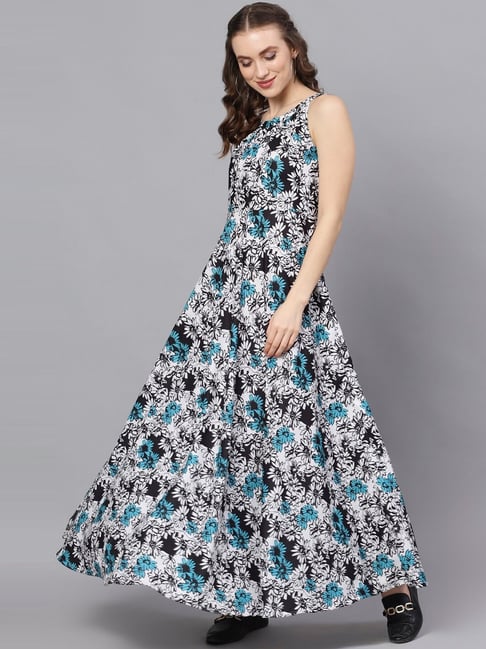 Aks Blue & Black Floral Print Maxi Dress