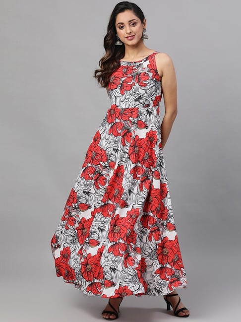 Aks White & Red Floral Print Maxi Dress Price in India