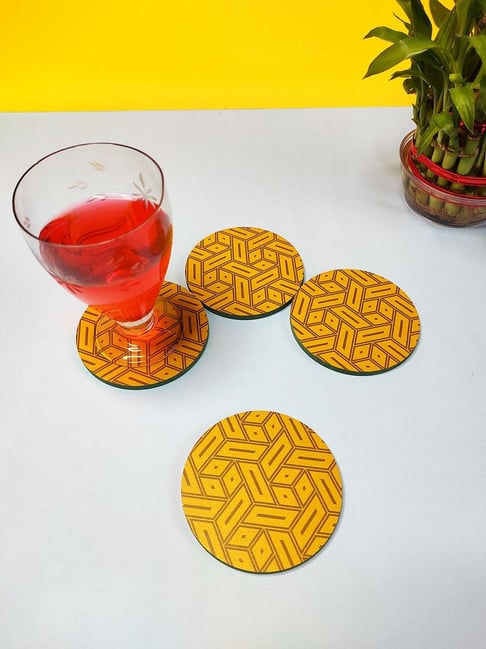 Crayton Yellow Wooden Abstract Printed Round Coasters - Set of 4-picture-45