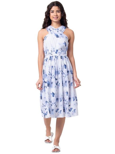 FabAlley Blue & White Floral Print Dress Price in India