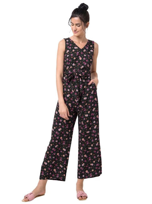 FabAlley Black Floral Print Jumpsuit