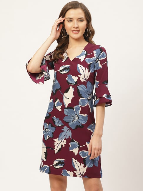 Style Quotient Wine & Blue Floral Print Dress Price in India