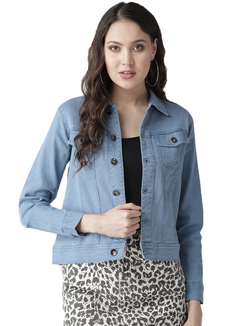 Buy online Women Light Blue Solids Denim Jacket from jackets and blazers  and coats for Women by V-mart for ₹719 at 35% off | 2024 Limeroad.com