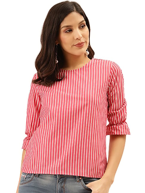 Women Red Print Casual Stylized Neck Top