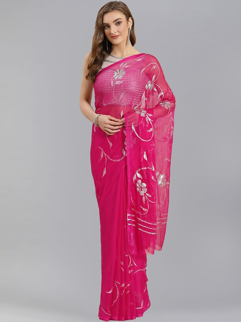 Geroo Jaipur Pink Floral Hand Painted Chiffon Saree Price in India